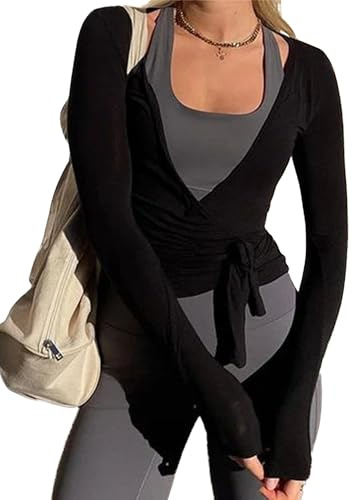 Springcmy Women Yoga Ballet Pilates Wrap Top Sexy Deep V Neck Tie Front Lace Trim Long Sleeve Tops Slim Fit Workout Blouse Top