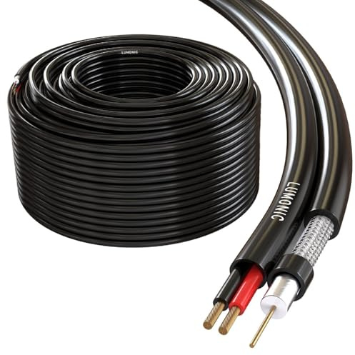 Lumonic RG59 RG59 Câble coaxial + Ligne électrique 50m | Câble de surveillance CCTV avec alimentation | Câble combiné 75 ohms, double blindage, 90dB Amortissement, Vidéo + Électricité