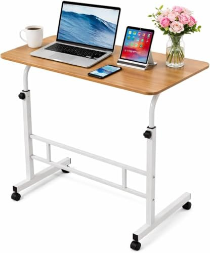 Zanbeel Height Adjustable Rolling Laptop Desk, Portable Mobile Workstation with Wheels, Gray Top, White Frame, Overbed Table for Sofa, Bed, Home Office (Brown)