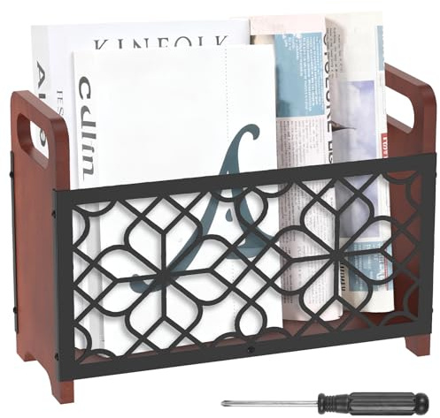 Magazine Rack, Wood Magazine File Holder, Rustic Newspaper Basket, Space Saving Mail Organizer, Folder Organiser Bin for Magazines Books Newspapers Tablets in Living Room Home Office(Geometric)