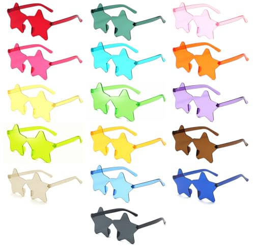 Hiuyavy Party Glasses, 16 PCS Stars Sunglasses, Rimless Sunglasses Festival & Retro Styles Hippie Sunglasses for Men & Women - Masquerade Party Decoration(16 Colors)