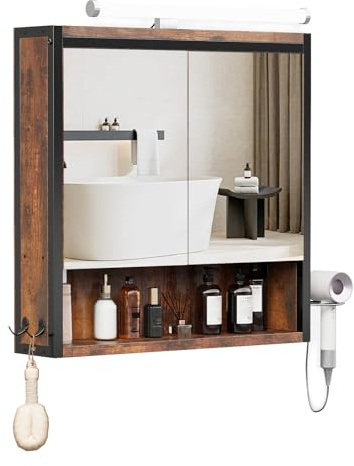 ELUCHANG Armario Espejo Baño con Luz,Mueble Baño,Rmario Colgante con Iluminacion, Mueble Baño con Espejo, 3 Compartimientos de Almacenaje, Estante Interior Ajustable, Vintage+Negro, 60x13x60 cm
