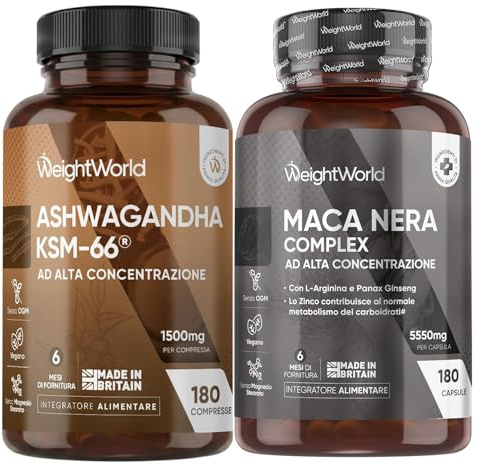 Ashwagandha KSM-66 e Maca Peruviana Bundle,180 Compresse + 180 Capsule, Integratore Ashwagandha Polvere, 1500mg per Dose, Estratto 12:1, Maca Nera Complex, L Arginina, Zinco, Panax Ginseng, Pepe Nero
