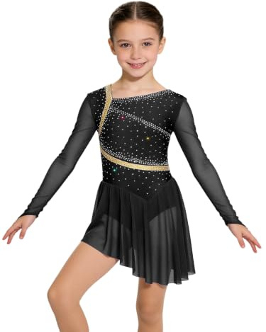 Oyolan Robe Patinage Fille Enfant Ado Tenue Patinage Artistique Manches Longues Strass Justaucorps Asymétrique Robe Danse Costume