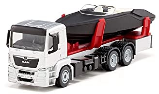 siku 2715, Camion avec bateau à moteur, 1:50, Métal/Plastique, Argent/Noir, Bateau jouet flottable