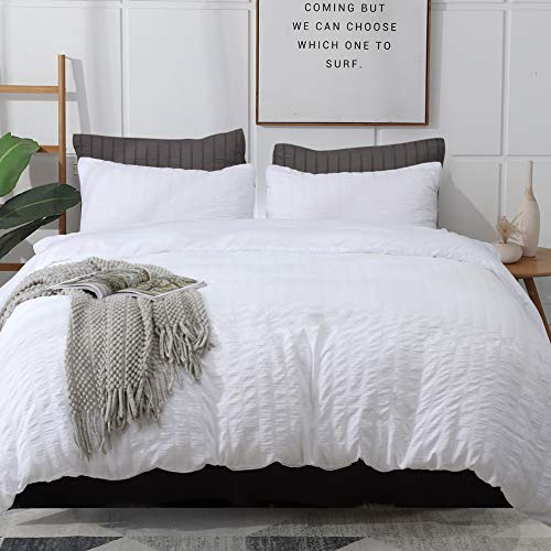 AveLom White Duvet Cover Queen Size, Textured Seersucker Duvet Cover Set, Soft Washed Microfiber with Zipper Closure and Corner Ties, 3 Pieces, 90 x 90 Duvet Cover & 2 Pillowcases