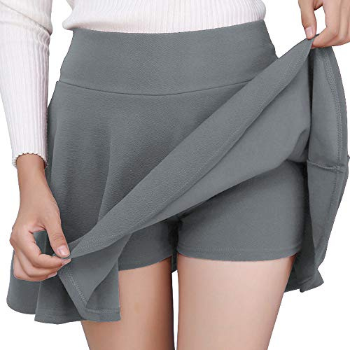 DJT Women's Girls Stretchy High Waist Pleated Casual Mini Skater Skirts with Shorts Medium Grey