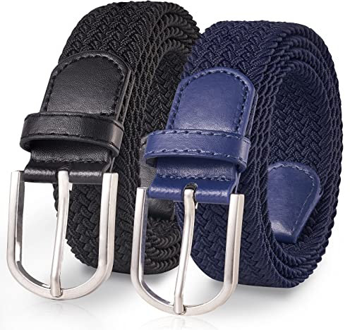 TANGCHAO 2 Stücke Stoffgürtel Stretchgürtel Elastik Flechtgürtel Geflochtener und Elastischer Dehnbarer Gürtel für Damen und Herren Breite 3.3cm Schwarz+Blau 110cm