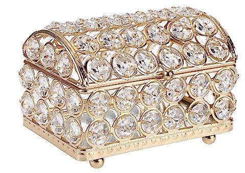 Sumtree Crystal Jewelry Box Mirrored Trinket Box Makeup Storage Box Trinket Organizer Box with Lid For Earrings Rings Jewelry Treasure Trinkets Wedding Birthday Gift (Gold), Medium, (SJ20220070)
