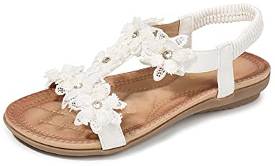 MACHSWON Women's Summer Sandals Casual Slip On Sparkly Beaded Bohemian Ankle T-Strap Elastic Back Flat Shoes for Women (White, Size 5)