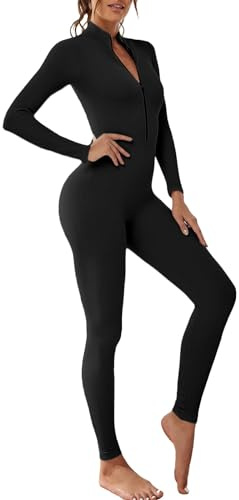 BFACCIA Yoga Jumpsuit Unitards for Women One Piece Sexy Ribbed Zipper Long Sleeve Bodysuit Workout Sports Outfits Running Fitness Romper Thumb Hole Playsuit Casual Solid Color Bodycon