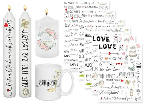 Sugeru 6 PCS Kerzentattoo für Hochzeit (200+ Muster), Kerzenfolie, Wasserschiebefolie Kerzen, Tischdeko, Aufkleber Sticker für Dekoration und Geschenke (HochzeitⅡ)