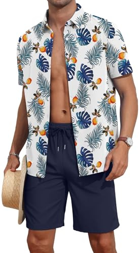 AIYINO Hawaiiansk skjorta set sommar personliga shiteshirts outfit tropiska knappar ner toppar strand semester skjortor, Vitt blått blad, M