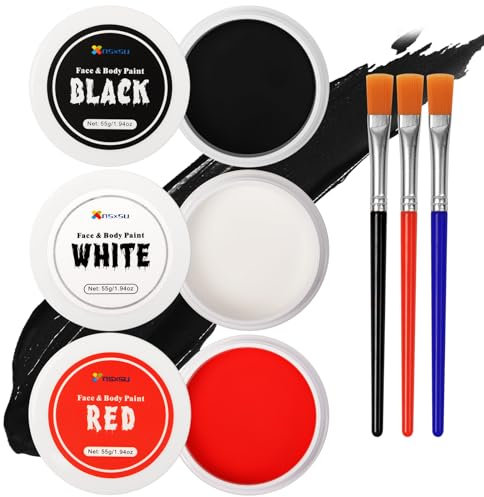 nsxsu Halloween Face Paint White+Black+Red165g(5.8oz ), Face Painting Kit Professional for Kids and Adults, Body Paint Set with Brushes for Halloween SFX Makeup Cosplay Skull Clown Art Theater