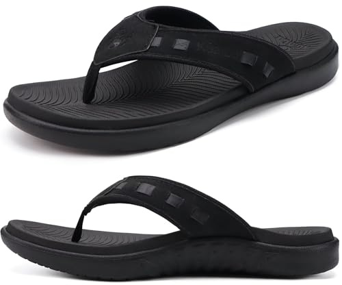 KuaiLu Chanclas Deportivas Hombre Cómodas Ortótico Cuero Tanga Sandalias Con Soporte Arch Para Verano Aire Libre, Moda Negro EU 40