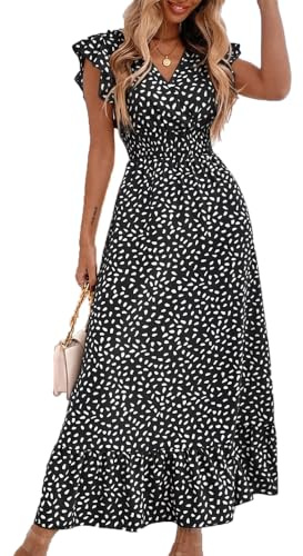 BSLVWG Vestido Maxi Femenino Pétalos de Volantes, Mangas Cortas, Flores de Cuello V en Plena floración, Faldas largas de Ocio en la Playa de Verano (FR/ES, Letras, M, Regular, Regular, Negro)