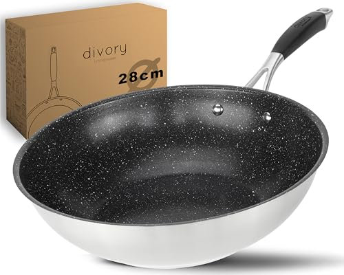 DIVORY sartén wok de acero inoxidable 28 cm ULTIME I Revestimiento antiadherente, para todo tipo de placas I I Sartén grande para placa de inducción, placa de gas I Apta para lavavajillas