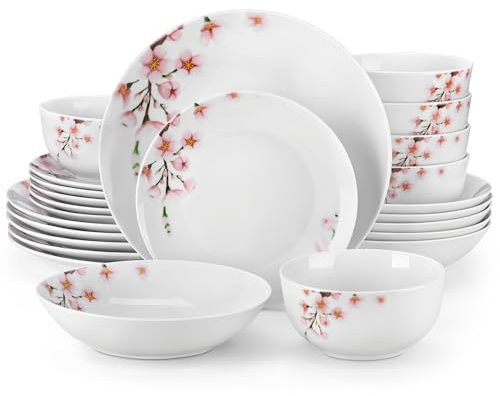VEWEET Porcelain Dinnerware Sets for 6, 24 Pieces Plates and Bowls Set with Flowers, Dishes Set Dining Ware for Dinner, Microwave and Dishwasher Safe, Series Annie