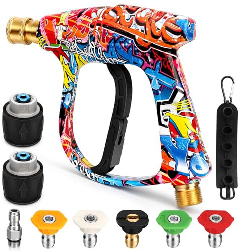 Pistola de lavado corta de alta presión con 5 boquillas y 2 conectores de manguera, pistola limpiadora de 4000 PSI, pistola de agua de lavado de coche, M22-14 mm, entrada de agua a conexión de 1/4