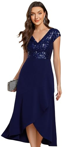 Ever-Pretty Vestito Elegante Donna Midi con Scollo a V Abito con Corpetto in Paillettes e Gonna Asimmetrica per Cocktail e Cerimonie Blu Navy 52