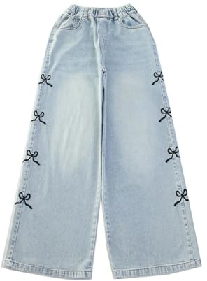 Generisch Jean pour filles avec motif cœur taille haute élastique extensible jambe large jean en denim look usé mignon décontracté jean avec patch, 5-6 ans