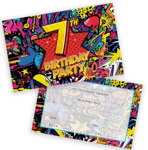 Stuff4 7th Birthday Party Invitations Kids, Comic Book Style 28 Pack | Childrens Birthday Invitations for Boys/Girls A6 Bday Party Invites Invitation Cards with Folding Envelopes