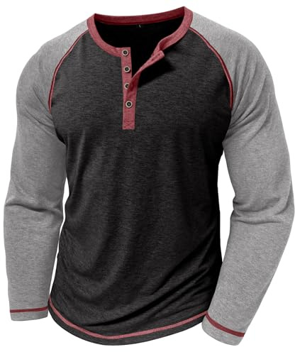 MakingDa Chemises Henley pour homme à manches longues raglan sans col, t-shirt coupe ajustée avec boutons, bloc de couleurs, chemise grand-père, hauts t-shirt décontractés chic, Noir , XL