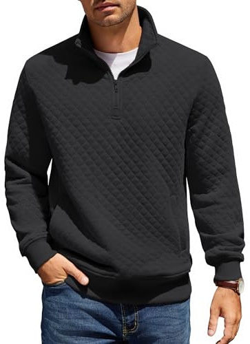COOFANDY Hommes Chemise à Col Montant Sweatshirt à Manches Longues Hiver Col Montant Sweatshirt Coupe Régulière Pull 1/4 Fermeture Éclair Chaud avec Poche Noir XL