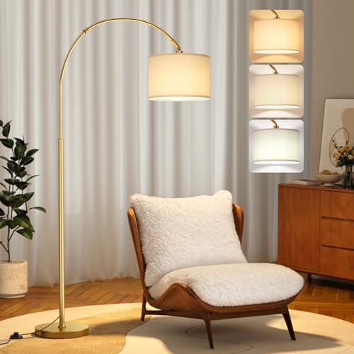 PreeOtti Arc Floor Lamp, Gold Standing Lamp with Remote Control, Modern Floor Lamp for Living Room with Dimmable 3 Color Temperatures, Tall Lamp Corner Lamp for Bedroom Dorm Office, Bulb Included
