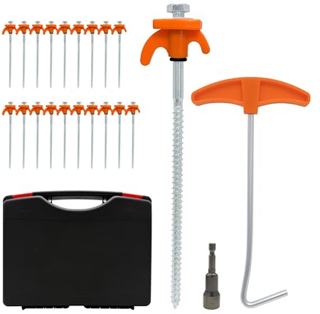Relaxdays Skruvpinnar, set om 20 tältringar stål, i resväska, 20 cm lång, med adapter, markankare, utomhus, orange
