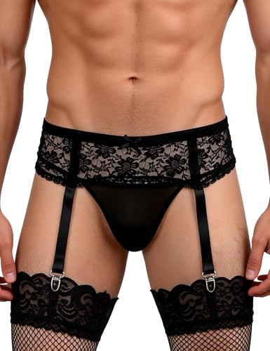 sunshinelady Porte Jarretelle Homme Dentelle 4 Pince Sissy Lingerie Grande Taille S-XL Porte Jarretelle pour Bas de Contention Ensemble Lingerie avec String Bretelle Homme Fantaisie Sexy Jockstrap Gay