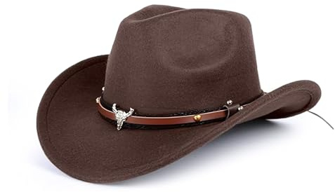 Unisex Suede Western Cowboy Hat, Adjustable Breathable Wide Brim Hat with Removable Bull Head Ornament, Lightweight Comfortable Headwear for Riding Travel Hiking Festival Daily Wear (Brown)