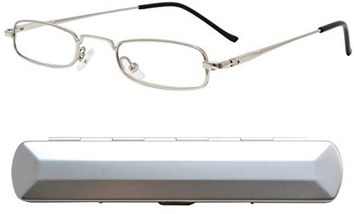 Mini Brille - Mini Slim Metal Reading Glasses, Stainless Steel Frame (Silver), Slim-Fit Aluminium Case, Slimline Reading Aid Men and Women +2.00 Magnification
