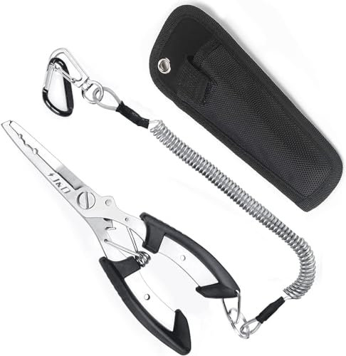 J&D Fishing Pliers Multi-Functional Lightweight Stainless Steel Hook Remover Tool with Safety Coiled Lanyard