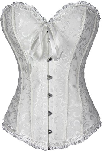 Dreamburn bustierer och korsetter, bröllopslingeri med snörning, satin med benstöd, kvinnors gotiska korsetter, midjeformare och överbyst helkroppströja., Vitt, 3XL
