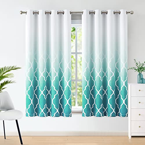 Beauoop Türkis Blickdicht Vorhänge mit Farbverlauf Geometrische Fliesendruck Muster Lichtundurchlässige Vorhang mit Ösen VerdunkelungsVorhänge für Schlafzimmer Wohnzimmer 2er Set, 132 x 175 cm (HxB)