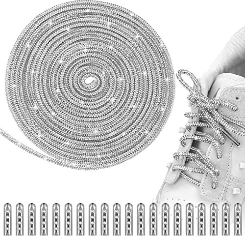 Abeillo 5 m Rund Schnürsenkel mit 20 Metallspitzenköpfen Glitzer Strass Schuhbänder Silber Kristall Laces, Blinkendes Nylonseil ​​für DIY Jogginghosen Sneakers Stiefel Hoodie Kleid Dekorative Sneakers