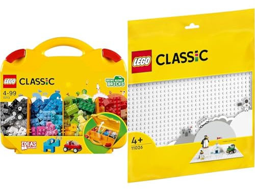 LEGO 10713 Classic Creative Suitcase, Toy Storage Case with Fun Colourful Building Bricks & 11026 Classic White Baseplate Building Base, Construction Toy Square 32x32 Build and Display