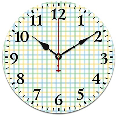 HighonHi 10 Inch Clock Plaid Checkered Lattice Wooden Quartz Non Ticking Arabic Numbers Mesh Grid Tartan Lattice Line Striped Classic Wooden Wall Clocks Bedroom Living Room Home Decor