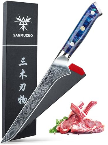 SANMUZUO Couteau à Filet de poisson 18 cm, Couteaux de Cuisinede Chef Japonais Couteau à désosser - Acier de Damas et Manche en Résine - Série Xuan(Bleu Saphir)