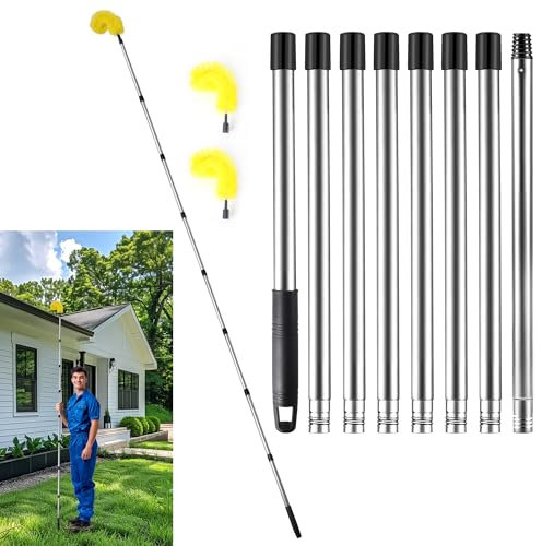LrqzHsyl Gutter Cleaning Tools,10.5 feet Long Gutter Cleaning Tools from The Ground ，Gutter Cleaner Ability to Easily Clear roof Leaves and Debris（8 Stainless Steel Tubes and 2 Yellow Brush Heads）