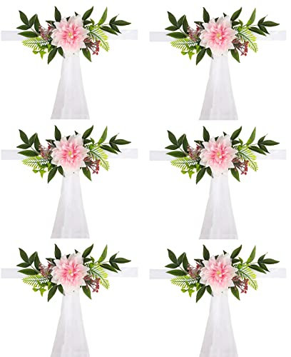Set of 6 Wedding Aisle Pew Flowers Chair Back Flowers Artificial Dahlias with Bows Tulle for Ceremony Celebration Seat Church Bench (Pink)