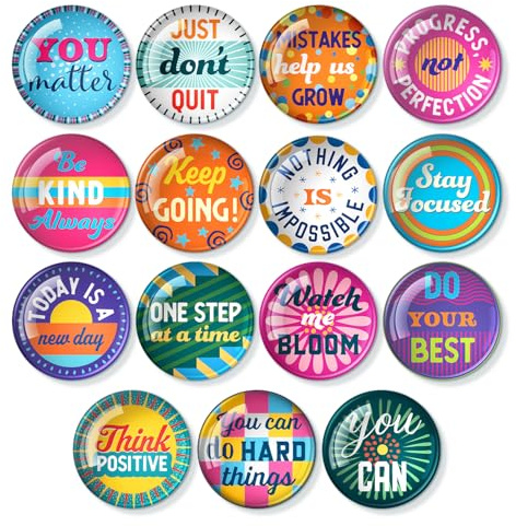 S&O Set of 15 Inspirational Magnets for Fridge - 1.5 Decorative Pins for Refrigerator - Cute Clips for Office - Motivational Buttons - Affirmation Emblems - Locker Charms for Boys & Girls