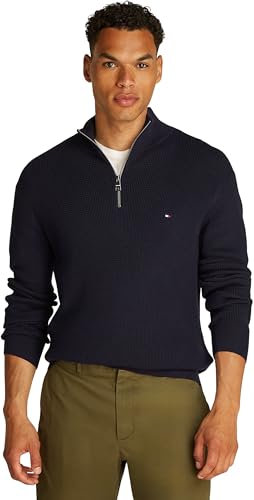 Tommy Hilfiger Herren Pullover mit Reißverschluss Racking Structure mit Mock-Kragen, Blau (Desert Sky), XL