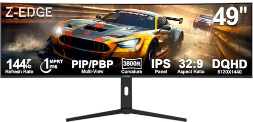 Z-Edge 49 Zoll Curved Gaming Monitor 144Hz DQHD 5120x1440 1ms MPRT, 32:9 Ultrawide Curved IPS Bildschirm, 10Bit, 1,07 Milliarden Farben, KVM, PIP/PBP, Höhenverstellbar, USB-C (65W), HDMI & DisplayPort