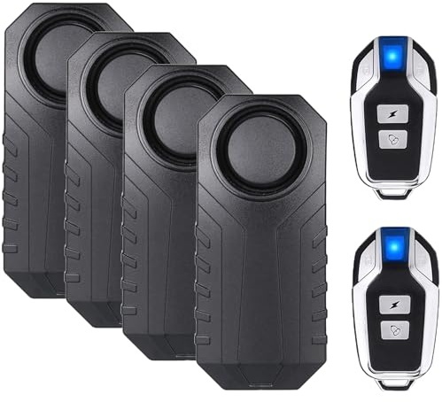 Mengshen Upgraded Fahrrad Alarm 113dB lauter wasserdichter drahtloser Motorradalarm mit Remote Anti-Diebstahl Vibration Motion Sensor für Radsport Sicherheit (4 Sensoren mit 2 Fernbedienungen)