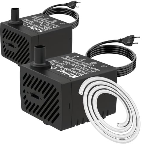Knifel Mini Pompe à Eau Submersible, 2 Pièces – 350 L/h, 5W – Ultra-Silencieuses – Câble d'Alimentation 1,5 m – 2 Buses pour Aquariums et Fontaines