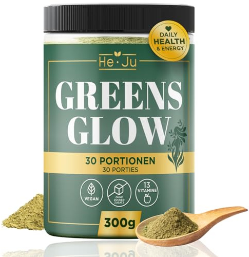 He-Ju Greens Glow Super Greens Entgiftungspulver mit Apfelfaser, Spirulina, Brokkoli & 13 Vitaminen, 300g Superfood-Mix, vegan, ohne Zuckerzusatz, mit Vitamin C & D zur Unterstützung der Immunfunktion