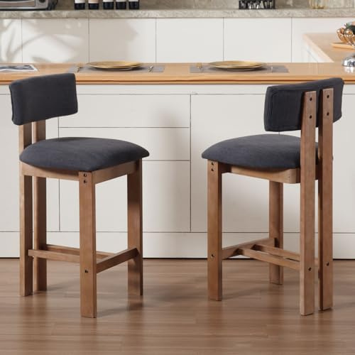 Ya-Home Tabourets de Bar Vintage en Bois Lot de 2 Chaise de Bar en Lin, Coussin Epais, Pied en Bois Massif, Chaise Haute Cuisine Confortable pour Bar, Gris