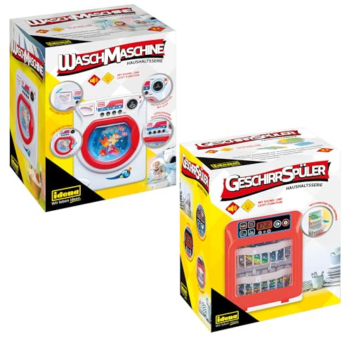 Idena 90377 - Geschirrspüler und Waschmaschine mit Licht- und Soundeffekten, Spielset für Kinder mit vielen Funktionen und Zubehör